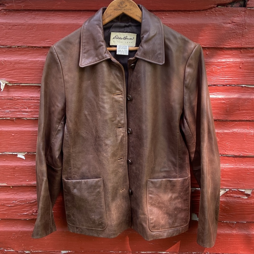 Eddie Bauer Vintage Button Front Brown Leather Jacket Women's Size S - Picture 8 of 10
